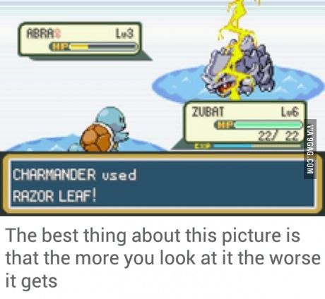 A screenshot from a Pokémon game shows a Charmander battling a Zubat using 'Razor Leaf!', with text below reading 'The best thing about this picture is that the more you look at it the worse it gets'.