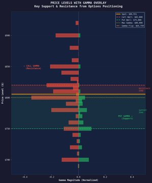 A horizontal bar chart titled 'PRICE LEVELS WITH GAMMA OVERLAY' displaying 'Key Support & Resistance From Options Positioning' with various price levels (e.g., 660K, 665K, 685K, 70K, 675K, 670K) and their associated call/put gamma values in a dark blue color scheme.