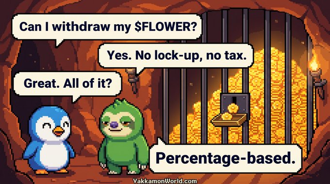 A pixel-art comic shows a blue penguin asking "Can I withdraw my $FLOWER?" and a green creature confirming "Yes. No lock-up, no tax," followed by "Great. All of it?" answered with "Percentage-based," visually illustrating the post's key points about tax-free withdrawals with percentage-based limits.