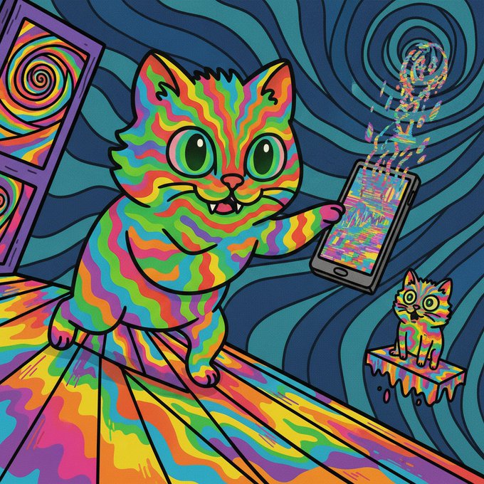 A vibrant, psychedelic illustration of a rainbow-striped cat holding a smartphone with a glitching screen, set against a swirling blue background with a smaller cat figure on a shelf.