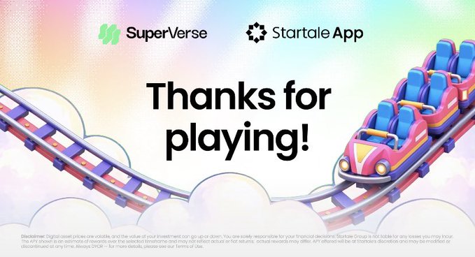 Banner for SuperVerse and Startale App reading 'Thanks for playing!' featuring a colorful 3D roller coaster car on tracks against a pastel sky background, with a Web3 disclaimer at the bottom.
