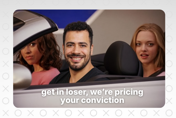 A man in a car smiles while two surprised women sit beside him, with the caption reading "get in loser, we're pricing your conviction" — a playful parody of the iconic Mean Girls line, paired with the post "@AliHabbabeh says gm" to humorously frame a crypto price prediction as a group ride-along.