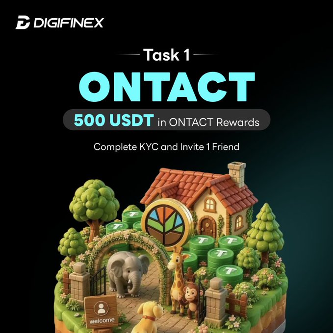 The image features an advertisement for a task called "Task 1" that involves completing a KYC process, which stands for "Know Your Customer", before being able to access certain rewards. The task is related to the game "ONTACT" as it requires users to complete a KYC process and then engage in ONTACT activities or challenges within the game. The post also mentions that there are 500 USDT (United States Dollar) rewards available for completing the task, which can be used to invite friends to join the game and share the rewards with them.