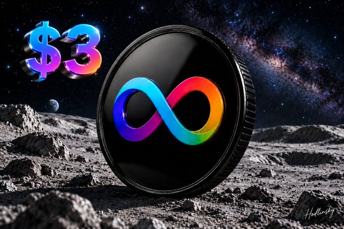 A digital artwork featuring a large black coin with a colorful rainbow infinity symbol embossed on it, sitting on a lunar surface with Earth and the Milky Way in the background, and a stylized "$3" floating to the left.