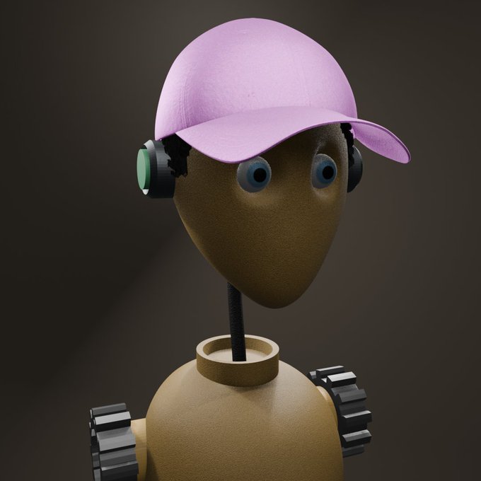 A 3D-rendered wooden mannequin-like figure with a smooth brown body, wearing a pink baseball cap and green headphones.