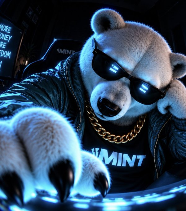 A stylized digital illustration of an anthropomorphic polar bear wearing dark sunglasses, a gold chain, and a black shirt with the word 'MINT' visible, set against a dark blue background with partial neon text reading 'MORE...ONEY...RE...EDOM' on the left.