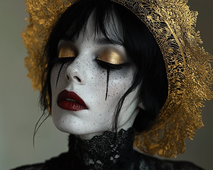 A close-up portrait of a person with stylized makeup featuring white face powder with black speckles, gold eyeshadow with black streaks dripping down, red lipstick, and an ornate gold lace headdress.