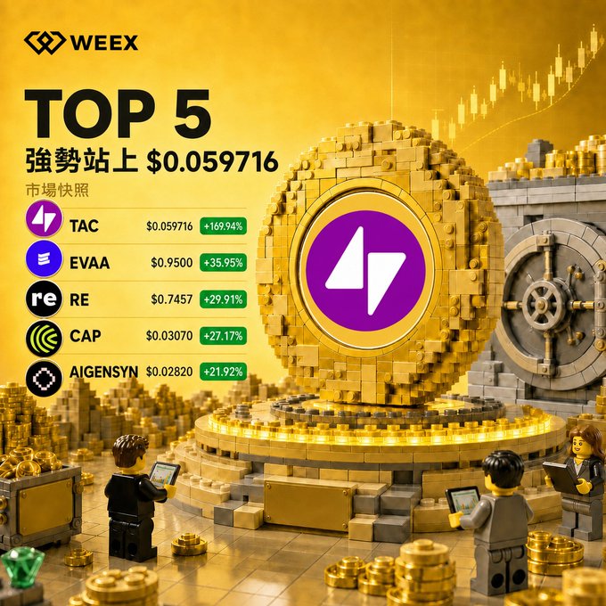 A Weex 'TOP 5' market overview graphic featuring TAC, EVAA, RE, CAP, and AIGENSYN, with a large golden coin displaying the TAC logo and Lego-style figures.