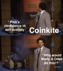 The image is a two-panel meme from "The Eric Andre Show" featuring Eric Andre standing calmly while a chaotic scene unfolds behind him. The caption reads "Plebi's confidence in self custody" and "Coinkitе," followed by "Why would Marty & Odell do this??"—humorously suggesting that while the Coinkite team is asking why Plebi (a PlebLab community member) trusts self-custody, the real question is why they'd do something questionable themselves. It plays on the "So many of you right now:" framing by depicting a sense of calm confidence amid surrounding confusion.
