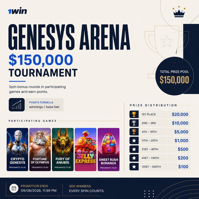 The image is a promotional poster for 1win's "Genesys Arena" tournament featuring a $150,000 total prize pool, with prize distribution ranging from $20,000 for 1st place down to $100 for positions 131-500 across 500 winners, running through 09/08/2026. The poster showcases five participating Pragmatic Play games—Crypto Genesis, Fortune of Olympus, Fury of Anubis, Jelly Express, and Sweet Rush Bonanza—and uses a points formula (winnings/base bet) to track player rankings, reinforcing the post's emphasis on the unusually wide prize spread that gives most participants a payout.