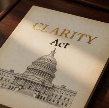 A document titled "CLARITY Act" rests on a wooden surface, featuring an illustration of the U.S. Capitol building beneath gold lettering—symbolizing the stalled crypto legislation that Senate Majority Leader John Thune acknowledged won't reach final passage before the August recess.