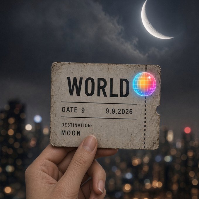 A hand holds up a weathered "WORLD" boarding pass stamped with "GATE 9," the date "9.9.2026," and destination "MOON," featuring a glowing rainbow globe icon, all set against a night sky with a crescent moon and a blurred city skyline, visually reinforcing the post's playful claim that World (via @world_xyz) is "coded to moon" on 9.9.2026 with an incoming $319M airdrop.