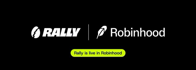 A promotional graphic showing the logos for Rally and Robinhood side by side on a black background, with the text 'Rally is live in Robinhood' in a lime-green pill below.
