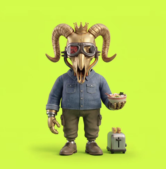 A stylized 3D character with a ram skull head, golden crown, and aviator goggles wears a denim shirt and cargo pants while holding a bowl of ramen and standing beside a toaster with a cross on it, set against a bright green background—evoking the surreal mascot-style NFT art typical of whimsical collections like the one linked on opensea.io.