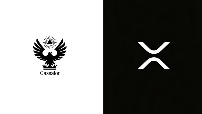 The image displays the Cassator logo featuring a black eagle emblem with a crown on a white background on the left, paired with the white XRP/X logo on a black background on the right, visually representing the partnership between Cassator and the XRP Ledger (XRPL) for their multichain bridge initiative.