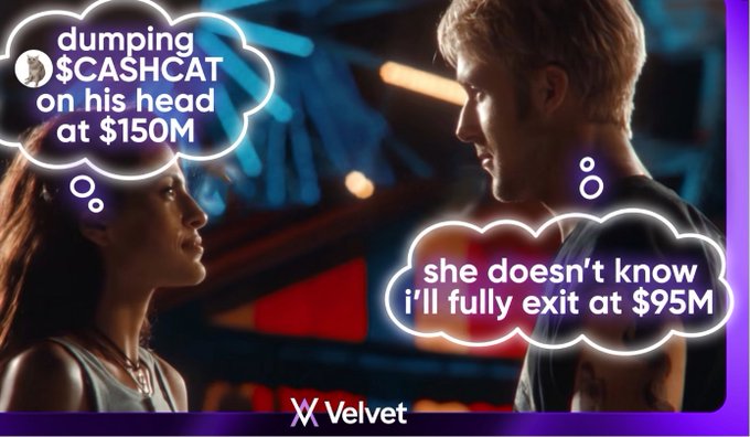 A meme image styled as a movie scene with two people facing each other, featuring thought bubbles about crypto trading: 'dumping $CASHCAT on his head at $150M' and 'she doesn't know i'll fully exit at $95M', branded with 'Velvet' at the bottom.