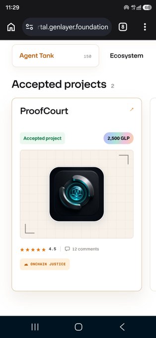 A mobile screenshot of the portal.genlayer.foundation website showing an 'Accepted projects' section with a 'ProofCourt' project, a 4.5-star rating, and a '2,500 GLP' reward tag.