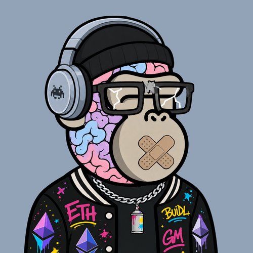 Cartoon illustration of a Bored Ape-style NFT character wearing a beanie, headphones, and sunglasses, dressed in a varsity jacket with 'ETH', 'BUIDL', and 'GM' graffiti alongside Ethereum logos.