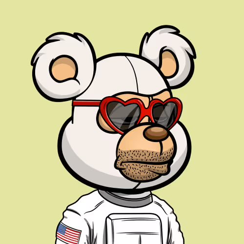 A cartoon teddy bear character wearing heart-shaped sunglasses, a white spacesuit with an American flag patch, set against a yellow background.