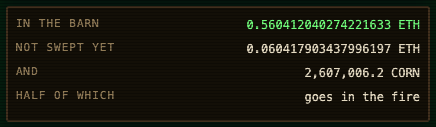 The image displays a fee distribution breakdown for stakers, showing 0.560412040274221633 ETH currently in the barn, 0.060417903437996197 ETH not yet swept, a total of 2,607,006.2 CORN (with half going to the fire/burn). This relates to the post about distributing fees for stakers on cornhood.com, likely representing pending payouts and token burns from the platform's staking operations.