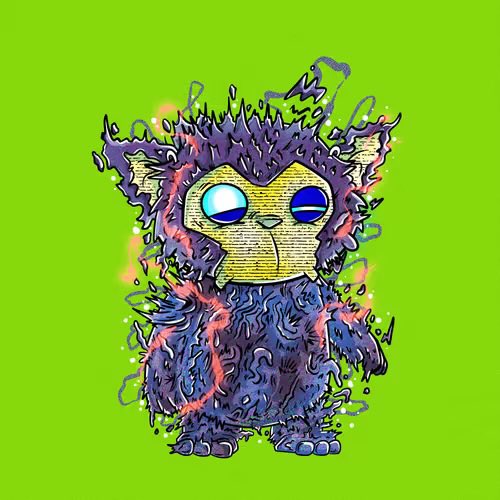 A digital illustration of a fuzzy, dark blue creature with large blue eyes against a bright green background.