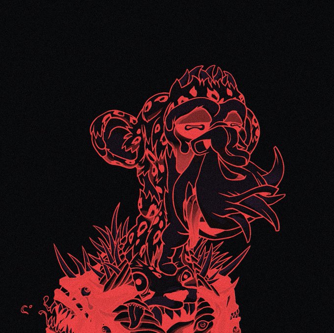An artistic red and black illustration features a stylized face with an open mouth, surrounded by floral and organic motifs on a dark background.