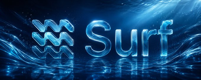 The image features a large, blue banner with the word "Surf" written in white letters. The text is surrounded by three waves that are blue and have a wavy pattern. The background of the image is dark blue, which contrasts with the bright blue color of the waves surrounding the word "Surf".