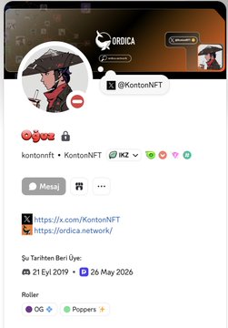 A Discord profile screenshot for "@KontonNFT" associated with Ordica, displaying links to ordica.network, "21 Eyl 2019" join date, and roles including "OG" and "Poppers." The image illustrates the type of OG Discord role opportunity being discussed in the post, though this specific profile is for Ordica rather than Popdex.