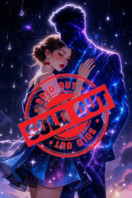 An illustration of a romantic couple embracing against a starry galaxy background, overlaid with a large red 'SOLD OUT' stamp.