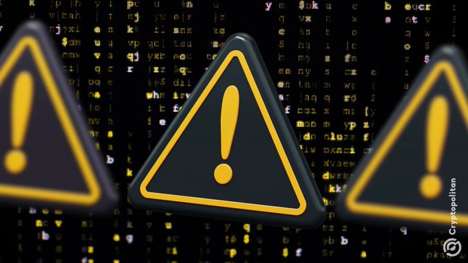 Three yellow warning triangle icons float against a background of cascading code and falling letters, credited to Cryptopolitan.