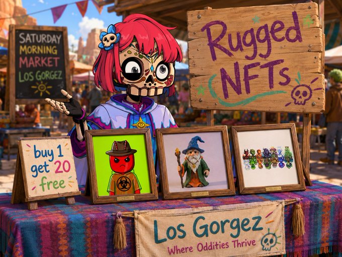 An animated character with red hair and skull face paint stands at a market stall selling NFTs, with signs reading 'Saturday Morning Market Los Gorgez' and 'Rugged NFTs' and a 'buy 1 get 20 free' offer.
