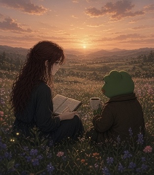 An anime-style illustration depicts a girl reading a book alongside a frog-like character in a coat, sitting together in a flower-filled field at sunset.
