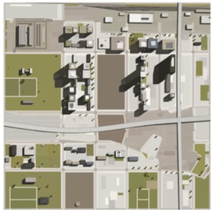 An aerial 3D rendering of an urban neighborhood layout featuring buildings, streets, parking areas, and green spaces.