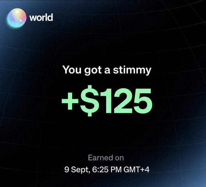 A screenshot from the World app showing a "$125" stimulus reward notification, with text reading "You got a stimmy +$125" earned on "9 Sept, 6:25 PM GMT+4," illustrating the airdrop reward for completing the first trade on the World.xyz platform as referenced in the accompanying post.