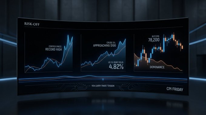 A curved monitor labeled "RISK-OFF" displays four financial charts—copper price at a record high, crude oil approaching $100, the US 10-year yield at 4.82%, and Bitcoin near $78,200 with falling dominance—alongside a "YEN CARRY-TRADE TENSION" ticker, visually summarizing the post's warning about a renewed risk-off environment driven by rising yields, commodity strength, and yen volatility.