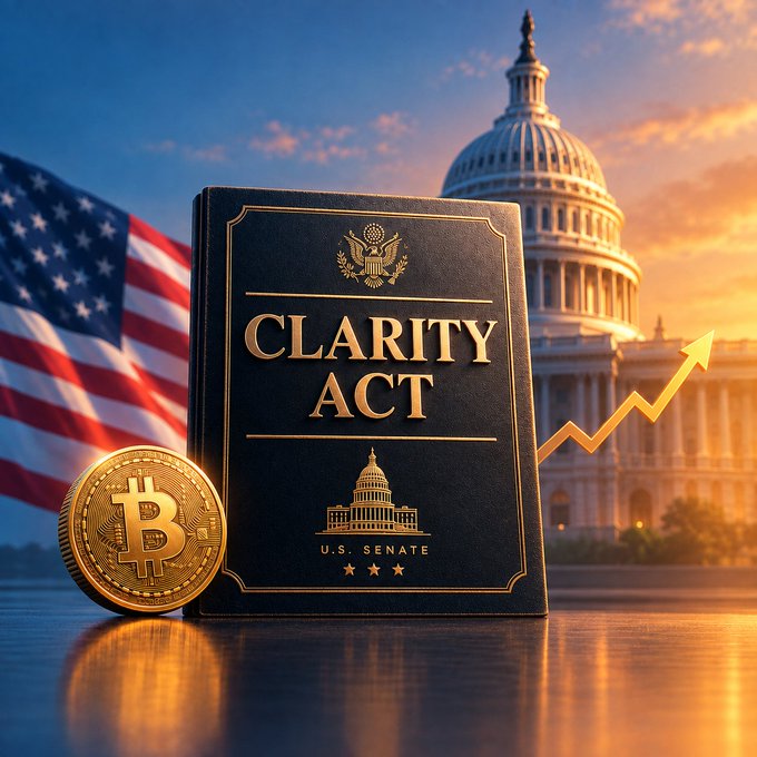 The image showcases a black binder labeled "CLARITY ACT" and "U.S. SENATE" with a gold eagle emblem, positioned in front of the U.S. Capitol building alongside an American flag, a gold Bitcoin coin, and an upward-pointing arrow—all symbolizing Bitcoin's decade-long price growth ($605 in 2016 to ~$77,000 today) occurring without federal regulatory clarity, now poised for potential acceleration with the CLARITY Act vote just days away.