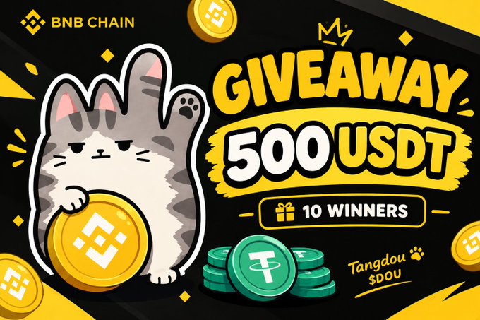 A promotional graphic for BNB Chain shows a cartoon cat holding a BNB coin, advertising a giveaway of 500 USDT to 10 winners, with the mascot named 'Tangdou $DOU'.