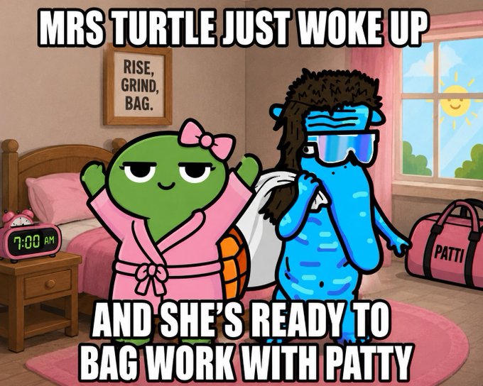 A meme image showing a cartoon turtle in a pink robe waking up at 7:00 AM with text reading 'MRS TURTLE JUST WOKE UP AND SHE'S READY TO BAG WORK WITH PATTY'.