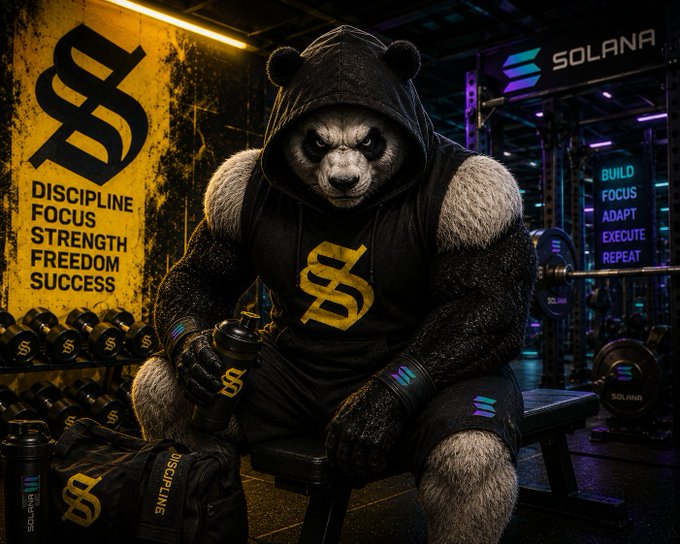 The image features a muscular panda bear sitting on a bench, wearing black shorts and a hoodie with gold lettering. The panda bear has a water bottle next to him, suggesting that he might be taking a break from his workout or preparing for one. The background of the image is dark, which contrasts with the panda bear's white fur. There are several dumbbells scattered around the scene, indicating that this setting could be a gym or fitness center.