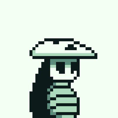 The user wants a concise caption for the image.
The image is a pixel art character, likely from the game "Slay the Spire" (specifically the Defect class, though it looks like a simplified or specific skin). It's a figure with a large hat and a striped shirt.
The text provided in the prompt is a post caption: "happy sunday png frens touch some grass today refil your tank and be ready for the next week grind!".

I need to describe the image itself.
- It's a pixel art image.
- It shows a character with a large, flat hat (looks like a mushroom cap or a wide-brimmed hat).
- The character has a dark silhouette on the left (hair or cloak) and a light green/white striped shirt.
- The background is plain white/light green.

The prompt asks for a "concise 1-2 sentence caption describing what is in this image." It also asks to