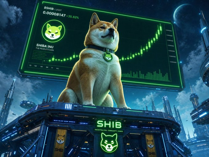 A futuristic, cyberpunk-style digital illustration featuring a Shiba Inu dog wearing a green collar, sitting in front of a large screen displaying a green line chart for '$SHIB / USDT' with a value of 0.00008147 and a +35.82% change, with 'SHIB' and 'DECENTRALIZED COMMUNITY POWER' visible below.