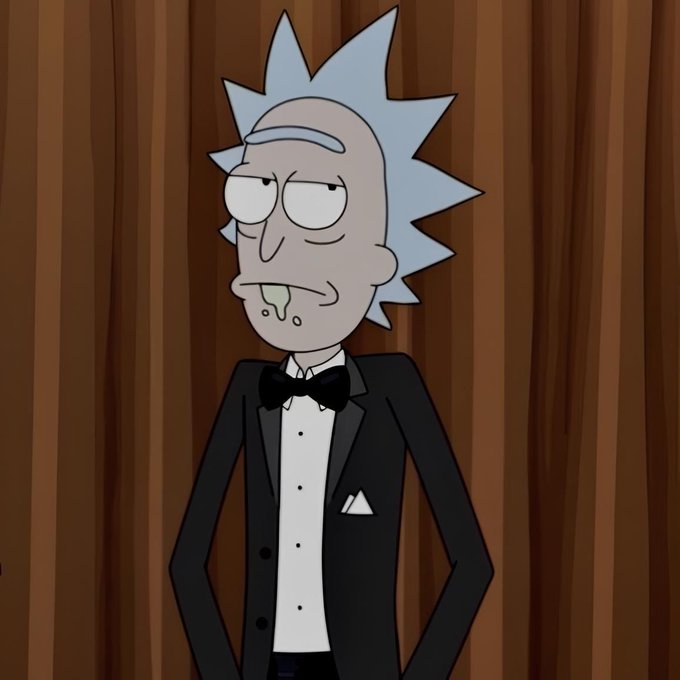 An animated character with spiky blue hair wearing a black tuxedo with a white shirt and bow tie, standing in front of a wooden background with a green drool coming from his mouth.