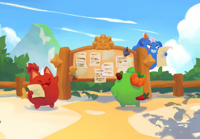 A red Axie holds a paper on a sunny beach while a green Axie offers a carrot to a blue Axie reading from a scroll, all gathered around a wooden Bounty Board displaying various task papers under a smiling sun emblem. The image visually represents the post's message about completing remaining tasks on the Axie Infinity Bounty Board to claim available rewards.