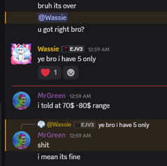 A Discord chat screenshot shows user "Wassie" bragging about having "5 only" of an NFT ("ye bro i have 5 only") with a heart reaction, while Mr.Green responds saying "i told at .7$ -80$ range" and reassures "i mean its fine," apparently downplaying the low entry point mentioned in the caption about minting at 0 and the floor now being 0.08.