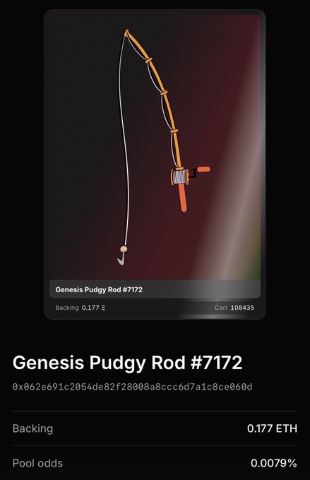 An NFT listing page for 'Genesis Pudgy Rod #7172' showing a stylized fishing rod illustration, priced at 0.177 ETH with a backing of 0.177 ETH.