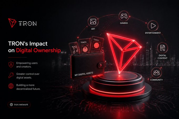 A promotional graphic for the TRON cryptocurrency blockchain, displaying its logo, a glowing red TRON diamond, a wallet labeled 'MY DIGITAL ASSETS,' and icons representing categories like 'ART,' 'GAMING,' 'ENTERTAINMENT,' 'DIGITAL CONTENT,' and 'COMMUNITY.'