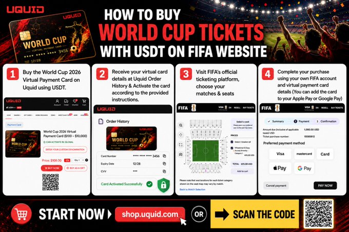 The image shows an advertisement for World Cup tickets with a focus on the FIFA website. The text suggests that purchasing tickets from this website could result in a payment error at checkout. This implies that there might be some technical issue or problem related to the payment process, and the seller is offering a solution by providing a virtual payment card option through the FIFA website.
