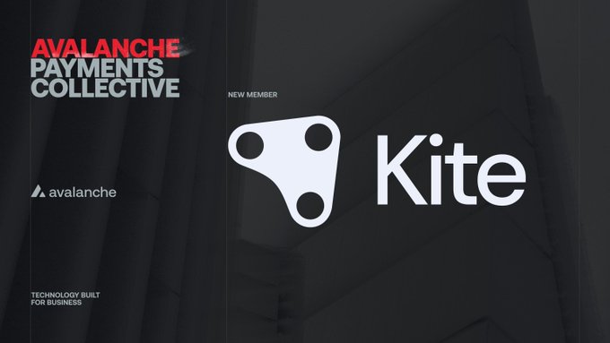 A promotional graphic from Avalanche Payments Collective announcing a "NEW MEMBER," featuring the Avalanche logo, the text "TECHNOLOGY BUILT FOR BUSINESS," and the large "Kite" logo with its distinct geometric icon. The image visually welcomes Kite AI as the first agent-focused member, aligning with the post's announcement about AI agents becoming economic participants requiring specialized payment infrastructure.