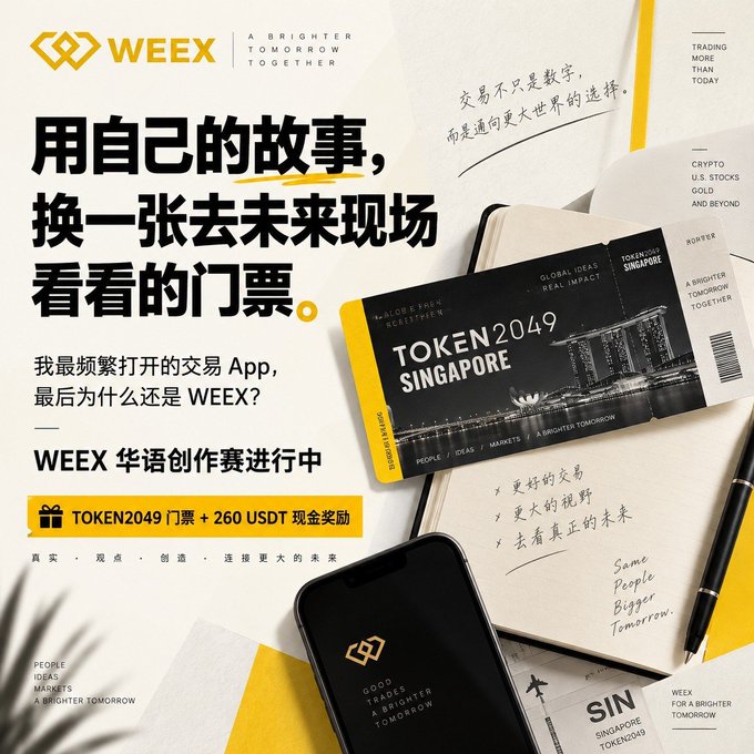 A promotional advertisement for WEEX featuring a 'TOKEN2049 SINGAPORE' ticket, with Chinese text about exchanging your story for a future event ticket and a 260 USDT reward.