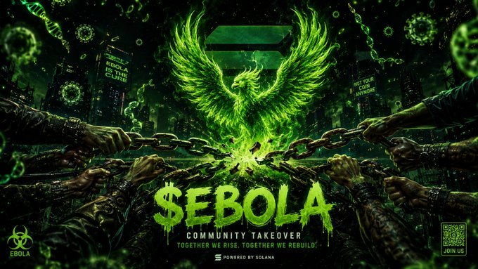The image features a poster for a game called "EBOLA" with a green bird design, surrounded by chains. The text on the poster reads "$EBOLA on Solana has a story worth sharing. Original devs left. Community stepped in and took over. No scams. No rugs. Just honest effort to keep it moving. This is what a real CTO looks like." The poster also includes a link to the game's website, which says "ebola updates" and "solana".